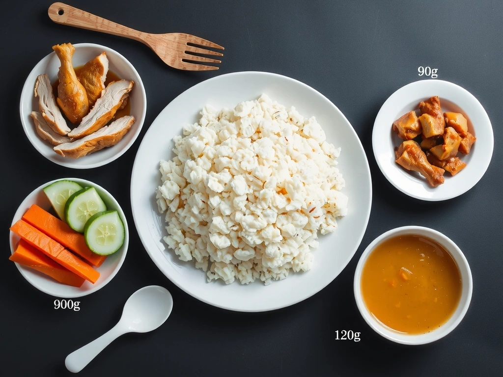 Deconstructed chicken rice with portion markers