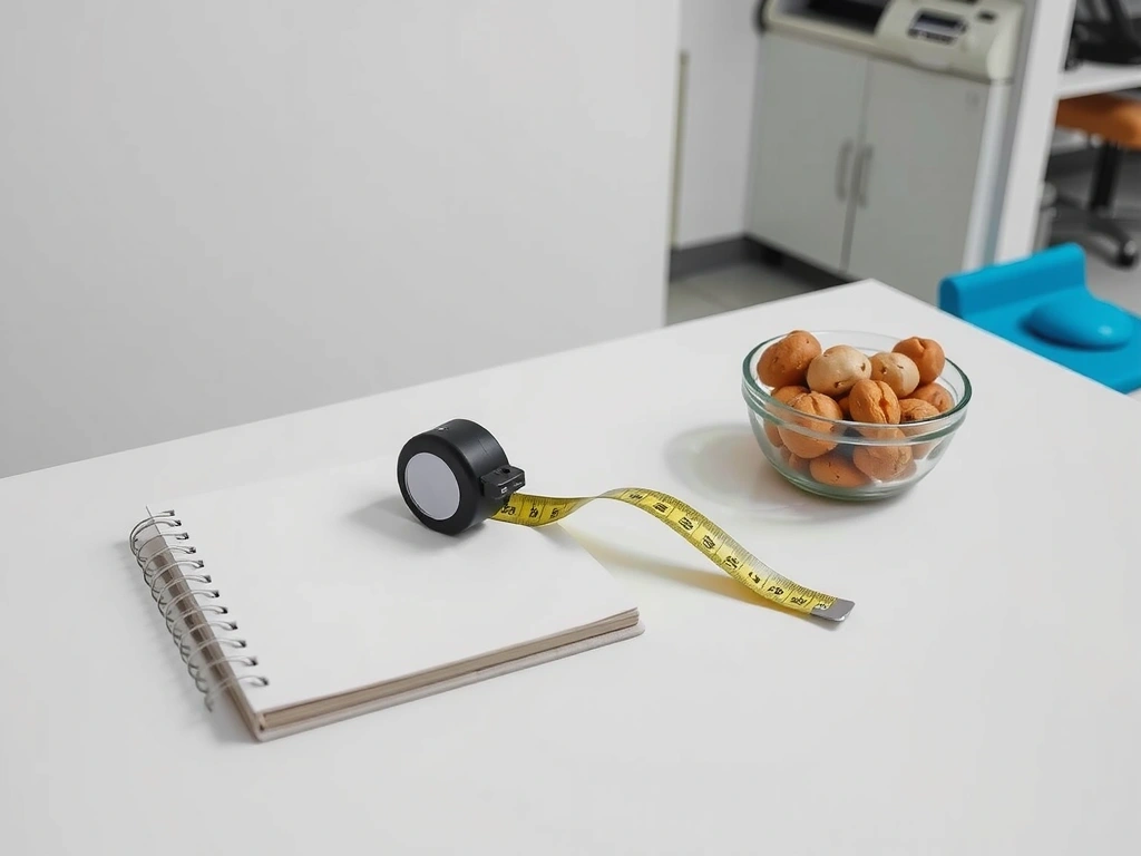 Desk with notebook and tape measure